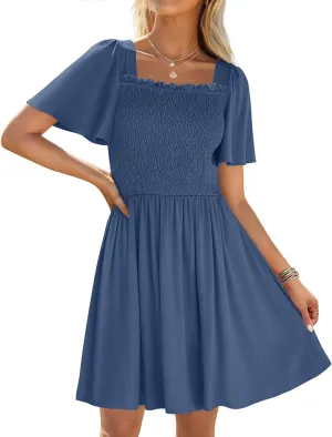 ZESICA Women's 2025 Summer Casual Mini Dress Flutter Short Sleeve Square Neck Smocked Tiered Ruffle Flowy Dresses