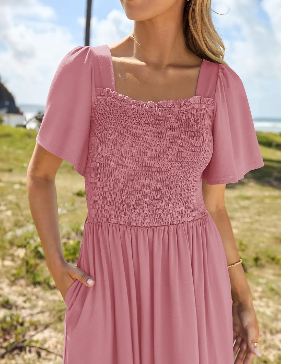ZESICA Women's 2025 Summer Casual Mini Dress Flutter Short Sleeve Square Neck Smocked Tiered Ruffle Flowy Dresses