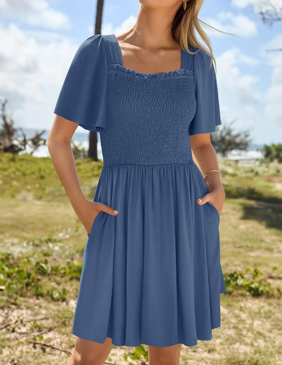 ZESICA Women's 2025 Summer Casual Mini Dress Flutter Short Sleeve Square Neck Smocked Tiered Ruffle Flowy Dresses