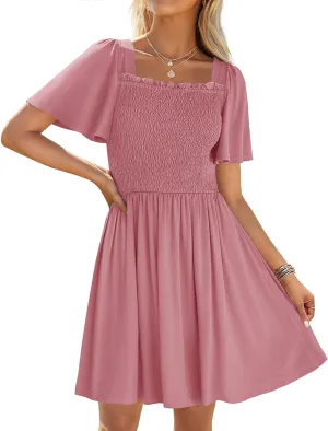 ZESICA Women's 2025 Summer Casual Mini Dress Flutter Short Sleeve Square Neck Smocked Tiered Ruffle Flowy Dresses