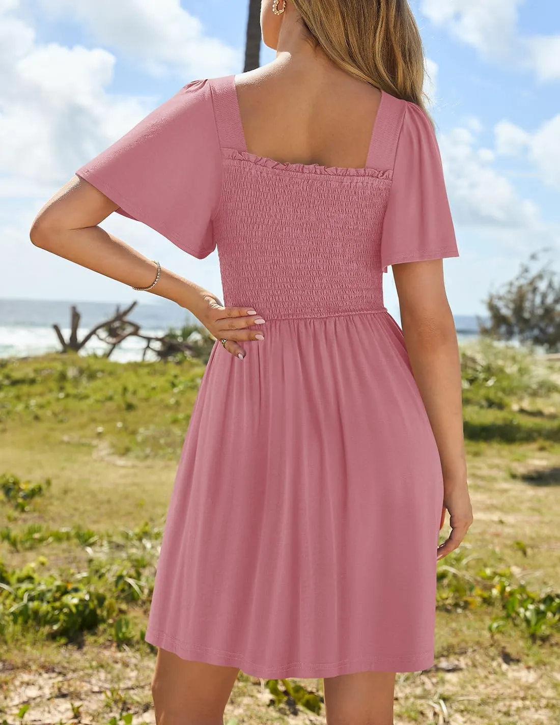 ZESICA Women's 2025 Summer Casual Mini Dress Flutter Short Sleeve Square Neck Smocked Tiered Ruffle Flowy Dresses