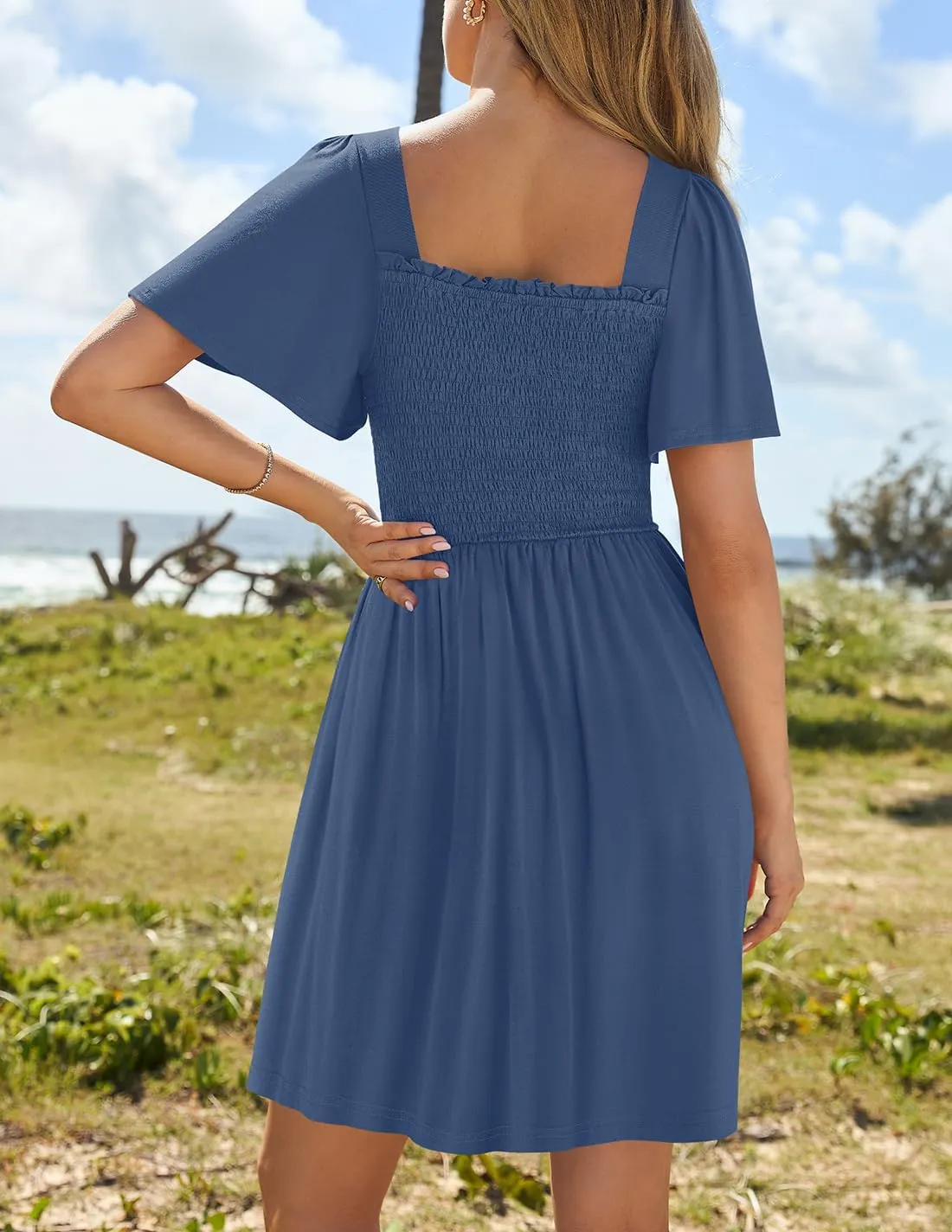 ZESICA Women's 2025 Summer Casual Mini Dress Flutter Short Sleeve Square Neck Smocked Tiered Ruffle Flowy Dresses