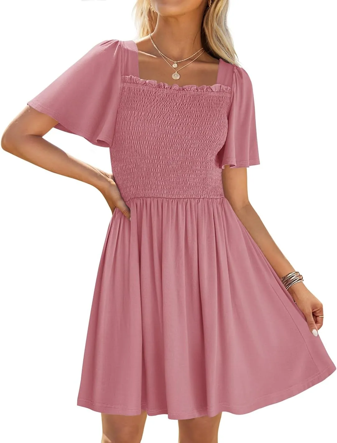 ZESICA Women's 2025 Summer Casual Mini Dress Flutter Short Sleeve Square Neck Smocked Tiered Ruffle Flowy Dresses
