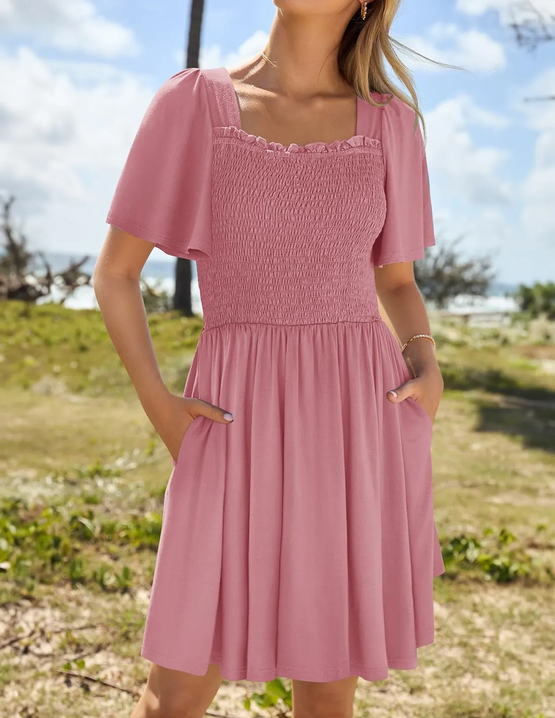 ZESICA Women's 2025 Summer Casual Mini Dress Flutter Short Sleeve Square Neck Smocked Tiered Ruffle Flowy Dresses