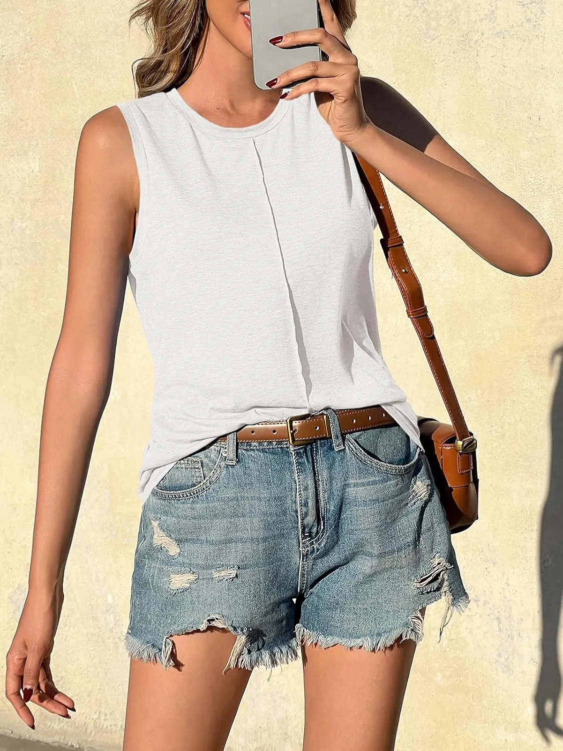 ZIWOCH Womens Tank Tops Crew Neck Sleeveless Tshirts Solid Color Casual Loose Fit Tee Shirts
