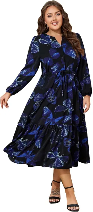 ZNU Plus Size Midi Dress Women Wedding Guest Dress Button Down Dress Front Tie A-Line Casual Dresses with Pockets Long Sleeve