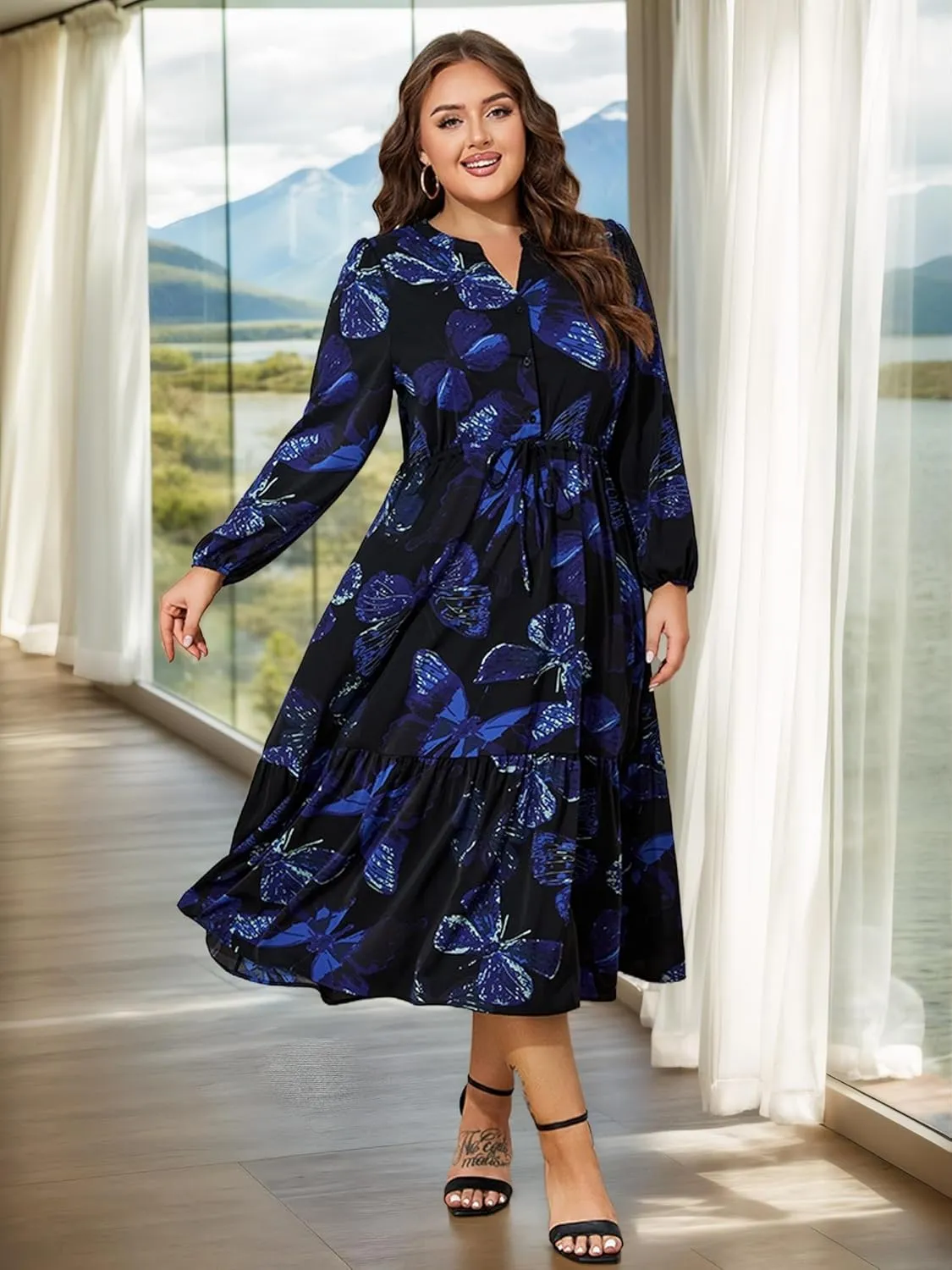 ZNU Plus Size Midi Dress Women Wedding Guest Dress Button Down Dress Front Tie A-Line Casual Dresses with Pockets Long Sleeve