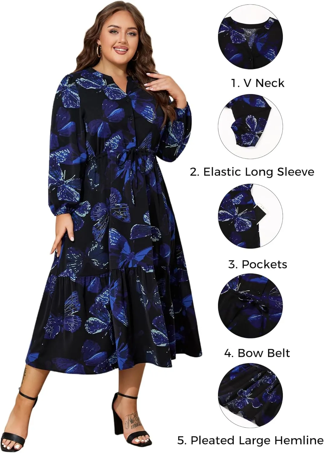 ZNU Plus Size Midi Dress Women Wedding Guest Dress Button Down Dress Front Tie A-Line Casual Dresses with Pockets Long Sleeve