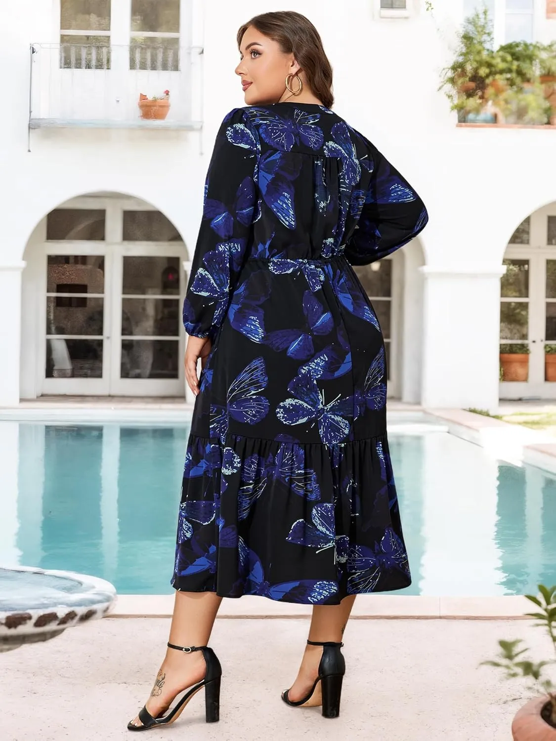 ZNU Plus Size Midi Dress Women Wedding Guest Dress Button Down Dress Front Tie A-Line Casual Dresses with Pockets Long Sleeve