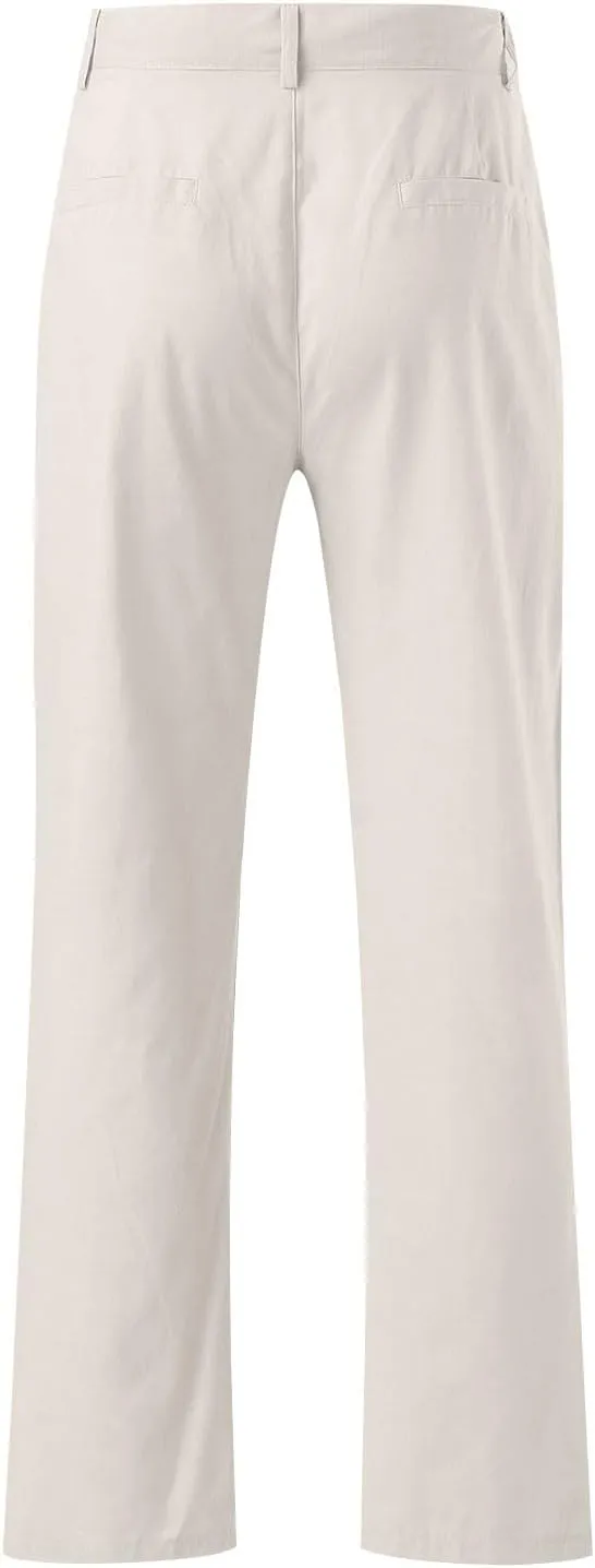 ZYXTIM Cotton Linen Trousers for Men Flat Front Lightweight Casual Work Pants Quick Dry Summer Beach Yoga Pants with Pockets