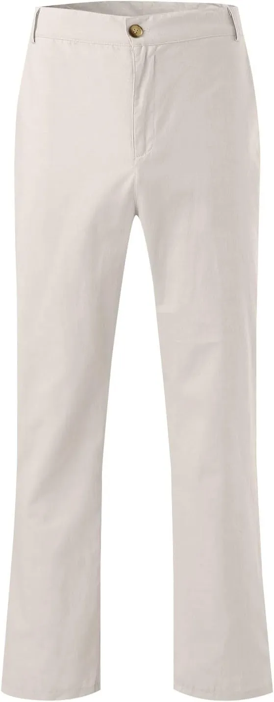 ZYXTIM Cotton Linen Trousers for Men Flat Front Lightweight Casual Work Pants Quick Dry Summer Beach Yoga Pants with Pockets