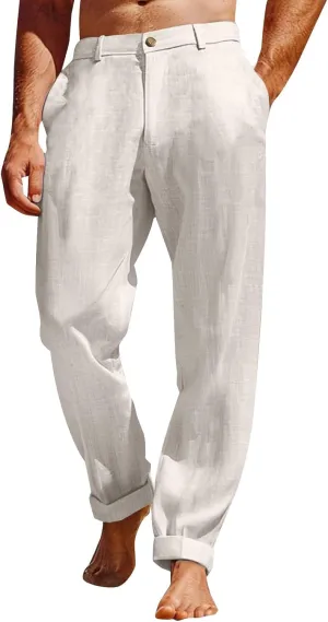 ZYXTIM Cotton Linen Trousers for Men Flat Front Lightweight Casual Work Pants Quick Dry Summer Beach Yoga Pants with Pockets