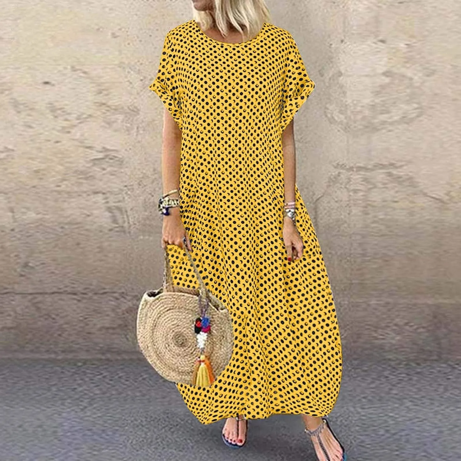 ZYXTIM Women's Short Sleeve Summer Dresses Polka Dot Wrap Waist Loose Fit Long Maxi Dresses Plus Size Comfy Maternity Dress