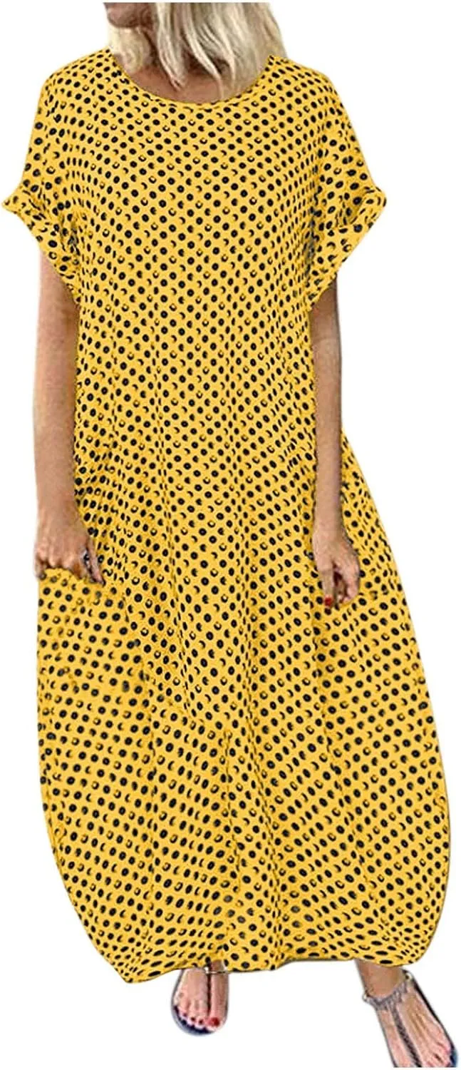 ZYXTIM Women's Short Sleeve Summer Dresses Polka Dot Wrap Waist Loose Fit Long Maxi Dresses Plus Size Comfy Maternity Dress