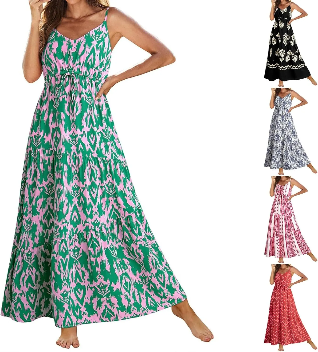 ZYXTIM Womens Summer Dresses 2025 V Neck Sleeveless Flowy Beach Dress Floral Printed High Waist A-line Sundress Long Dress